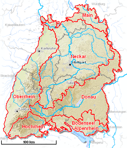 Baden-Württemberg mit den wichtigsten Fließgewässern, das Untersuchungsgebiet ist rot umrandet
