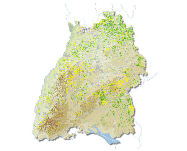 Windpotenzialflächen ohne (grün) und mit (gelb) Flächenrestriktionen