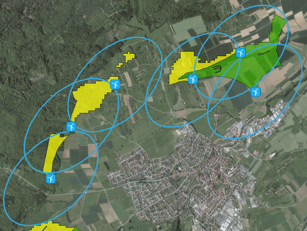 Innerhalb von Potenzialflächen ermittelte WEA-Standorte mit den jeweiligen Abstandsellipsen