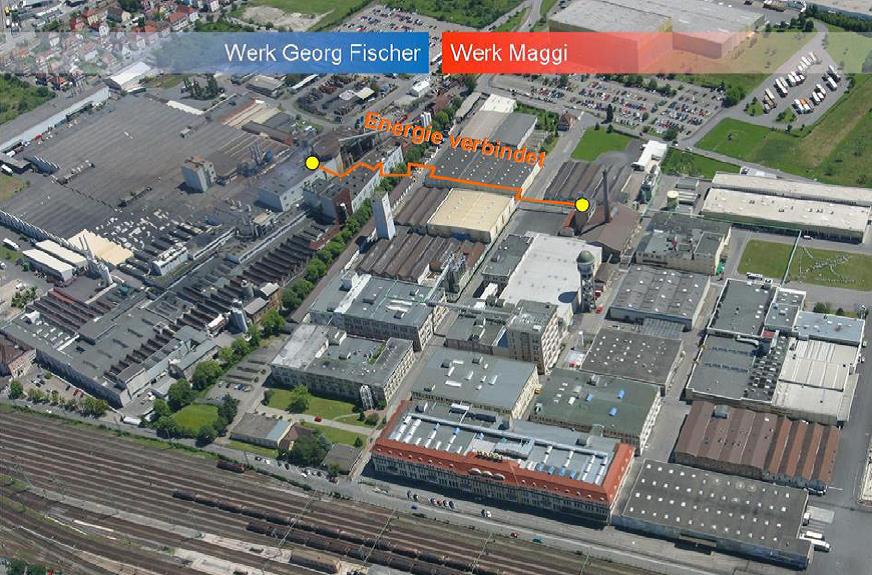 Luftaufnahme der Georg Fischer Automobilguss GmbH und dem Maggi-Werk, der Verlauf der Rohrleitung zwischen beiden Werken ist markiert