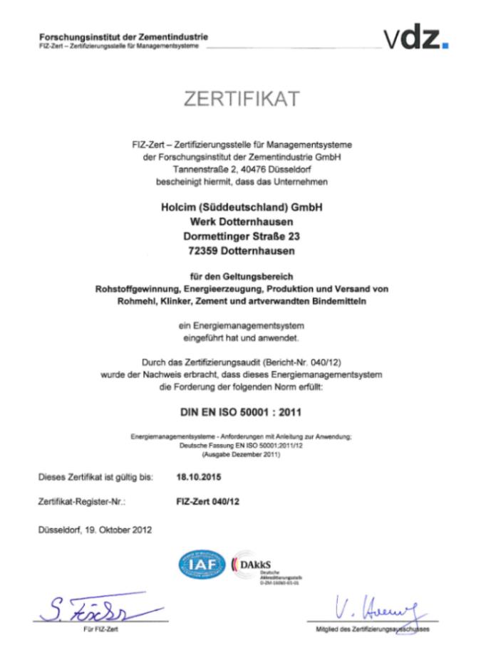 Zertifikat für die Holcim (Süddeutschland) GmbH über die Einführung eines Energiemanagementsystems nach DIN EN ISO 50001 : 2011