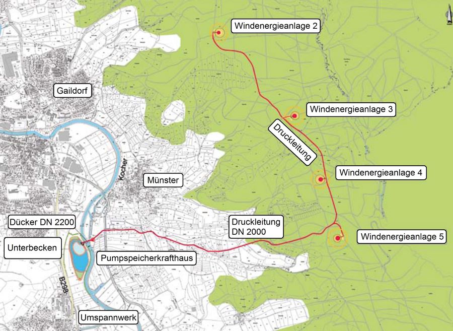 Lageplan Windenergieanlagen und Pumpspeicherkraftwerk