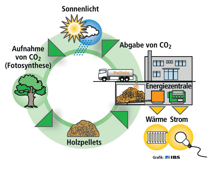 Prinzip eines Holzpellet-Blockheizkraftwerks