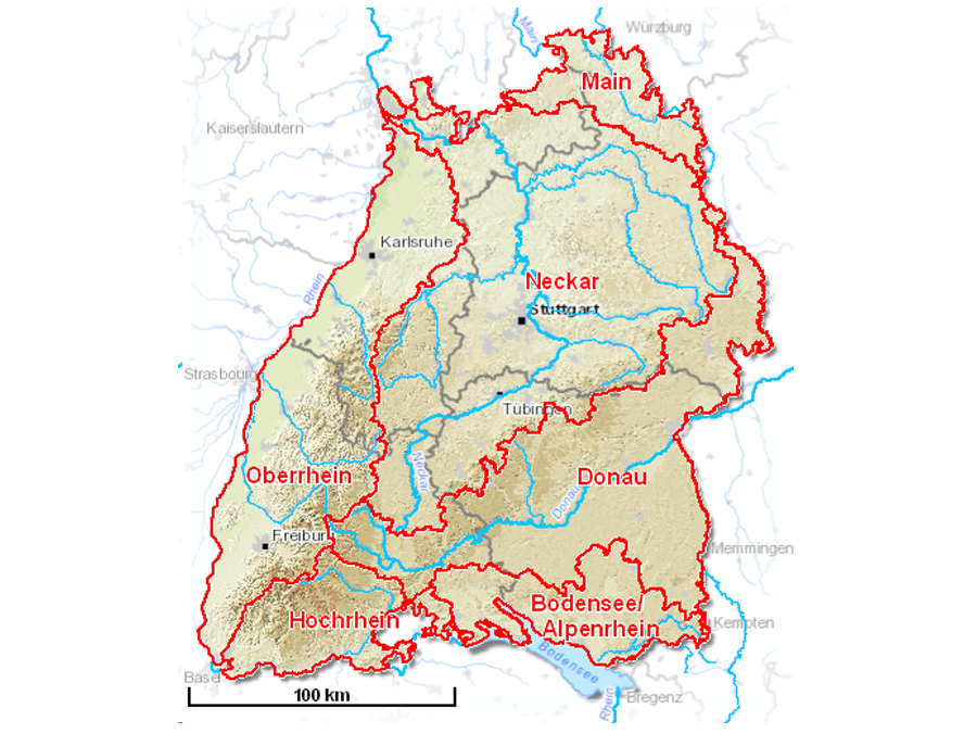 Baden-Württemberg mit den wichtigsten Fließgewässern, die Untersuchungsgebiete sind rot umrandet
